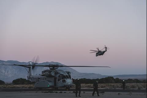 CH-53K King Stallion flies over the Eastern Sierra Regional Airport during a mission to recover a Navy MH-60S Knighthawk c USMC